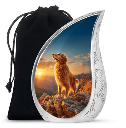 Twilight Blue Dog Cremation Urn front view showing detailed design - graceful tear-shaped urn with dog motif - full-size 10 inch 200 cubic inch adult cremation urn