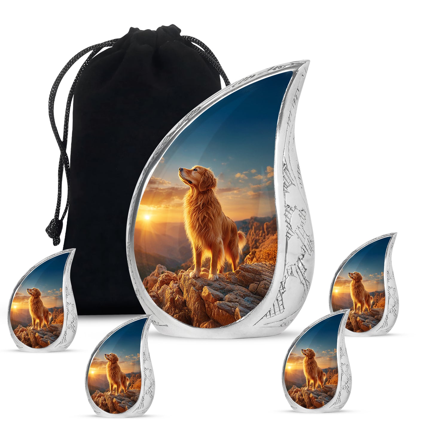Vivid Blue Dog Cremation Urn side profile showing urn shape - graceful tear-shaped urn with dog motif - memorial set with one large and four small urns