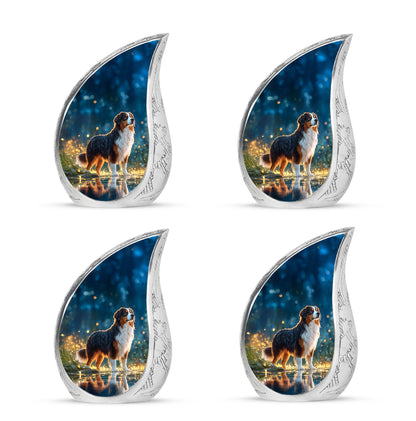 Cobalt Blue Dog Cremation Urn close-up of engraving and surface detail - smooth teardrop contour featuring dog art - 10 inch aluminum urn for cremated remains