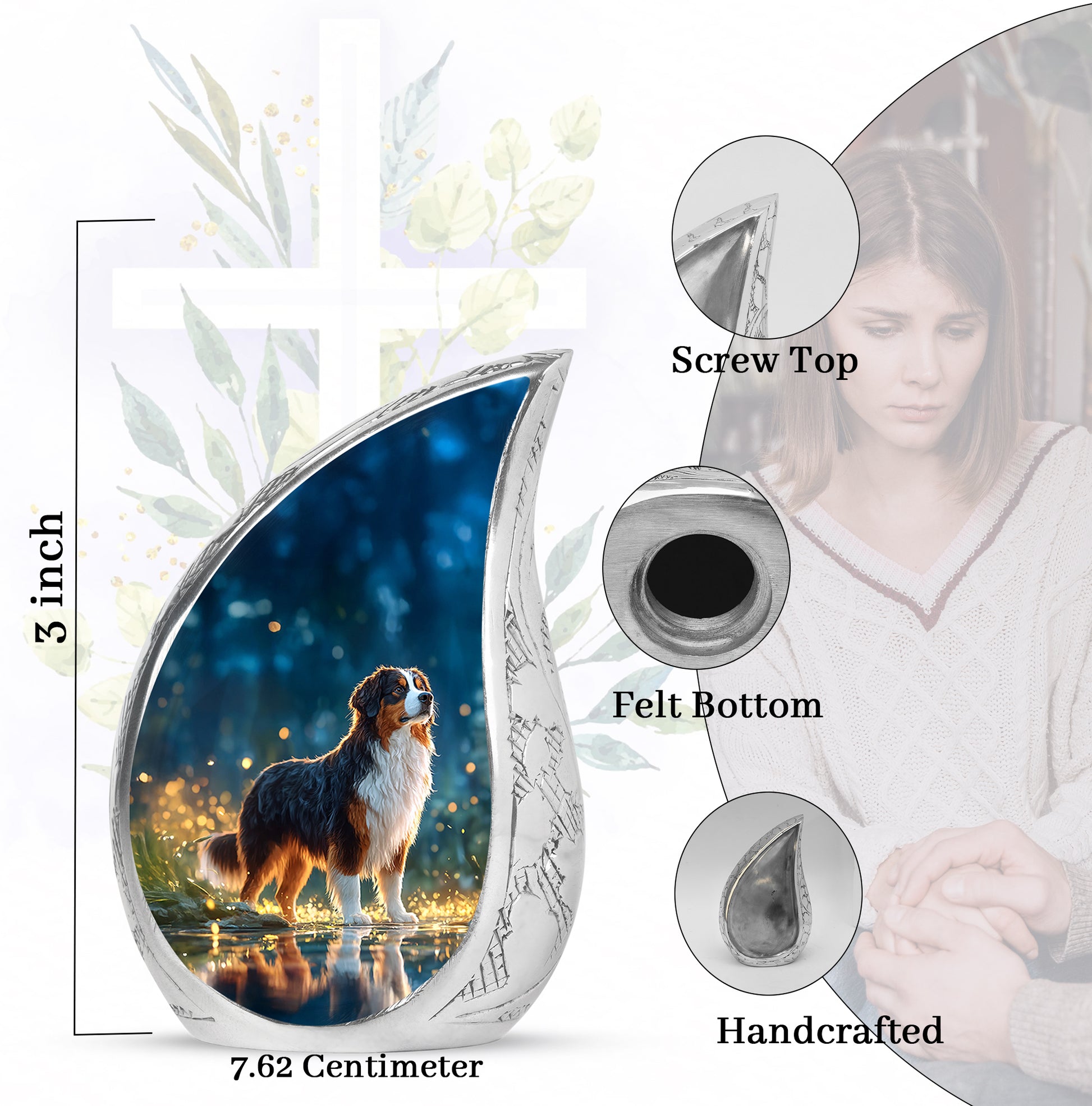 Indigo Dog Cremation Urn angled view of lid and engraved motif - rounded teardrop dog design with delicate detail - mini keepsake memorial for portion of cremation ashes