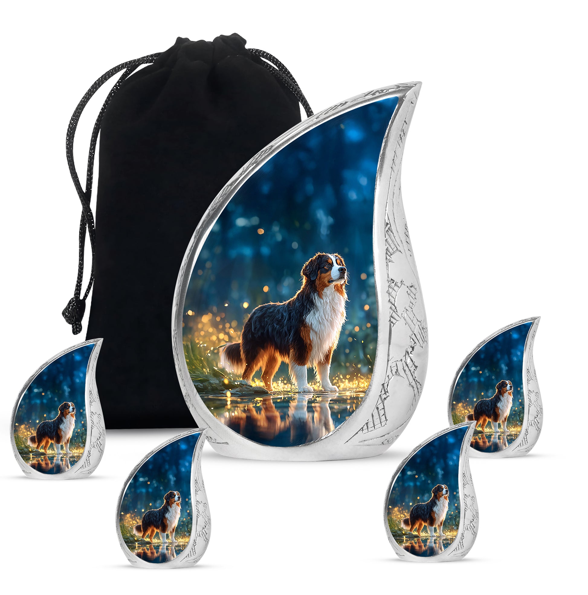 Calming Blue Dog Cremation Urn side profile showing urn shape - smooth teardrop contour featuring dog art - memorial set with one large and four small urns