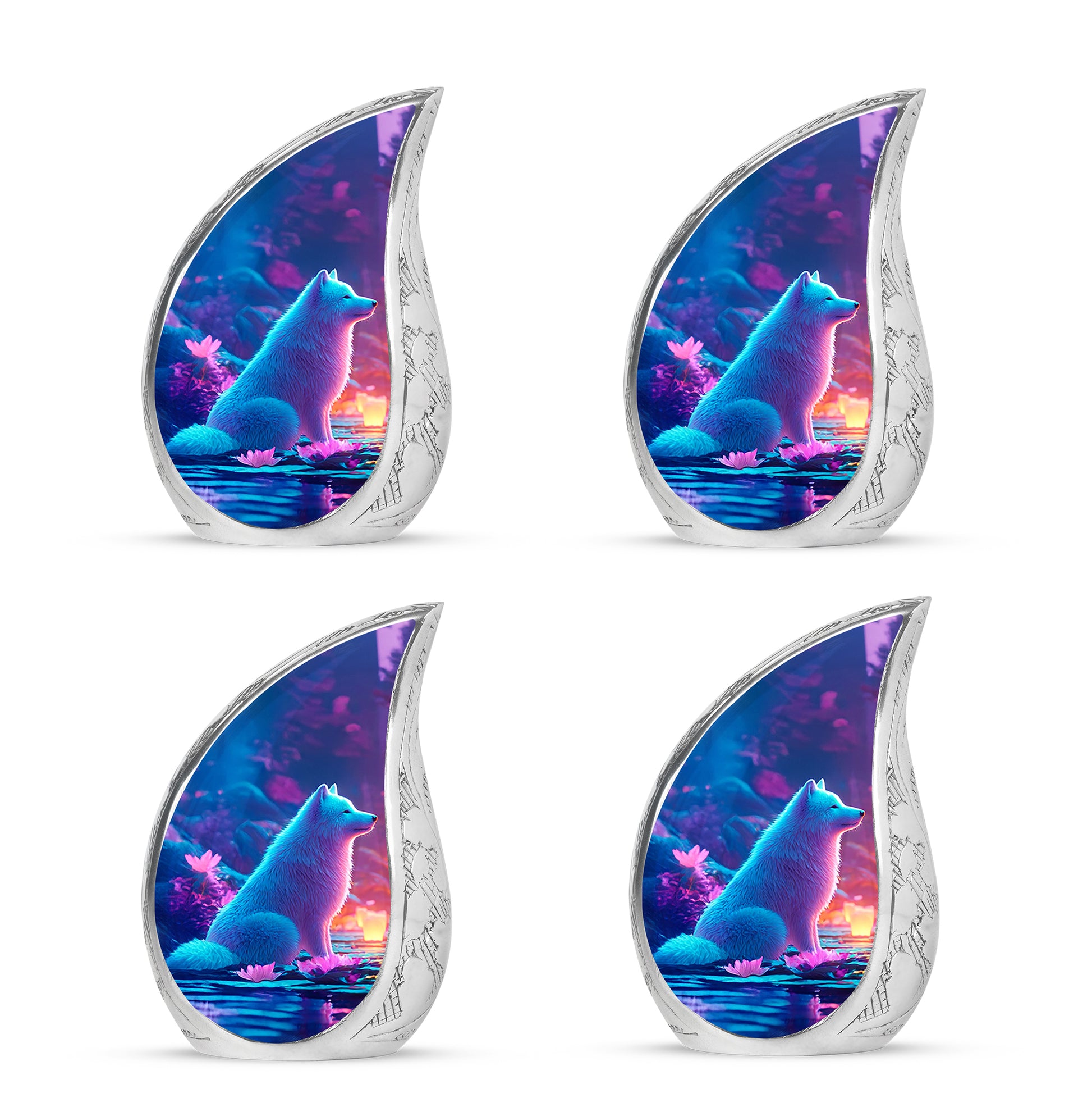 Calming Blue Dog Cremation Urn close-up of engraving and surface detail - smooth teardrop contour featuring dog art - 10 inch aluminum urn for cremated remains