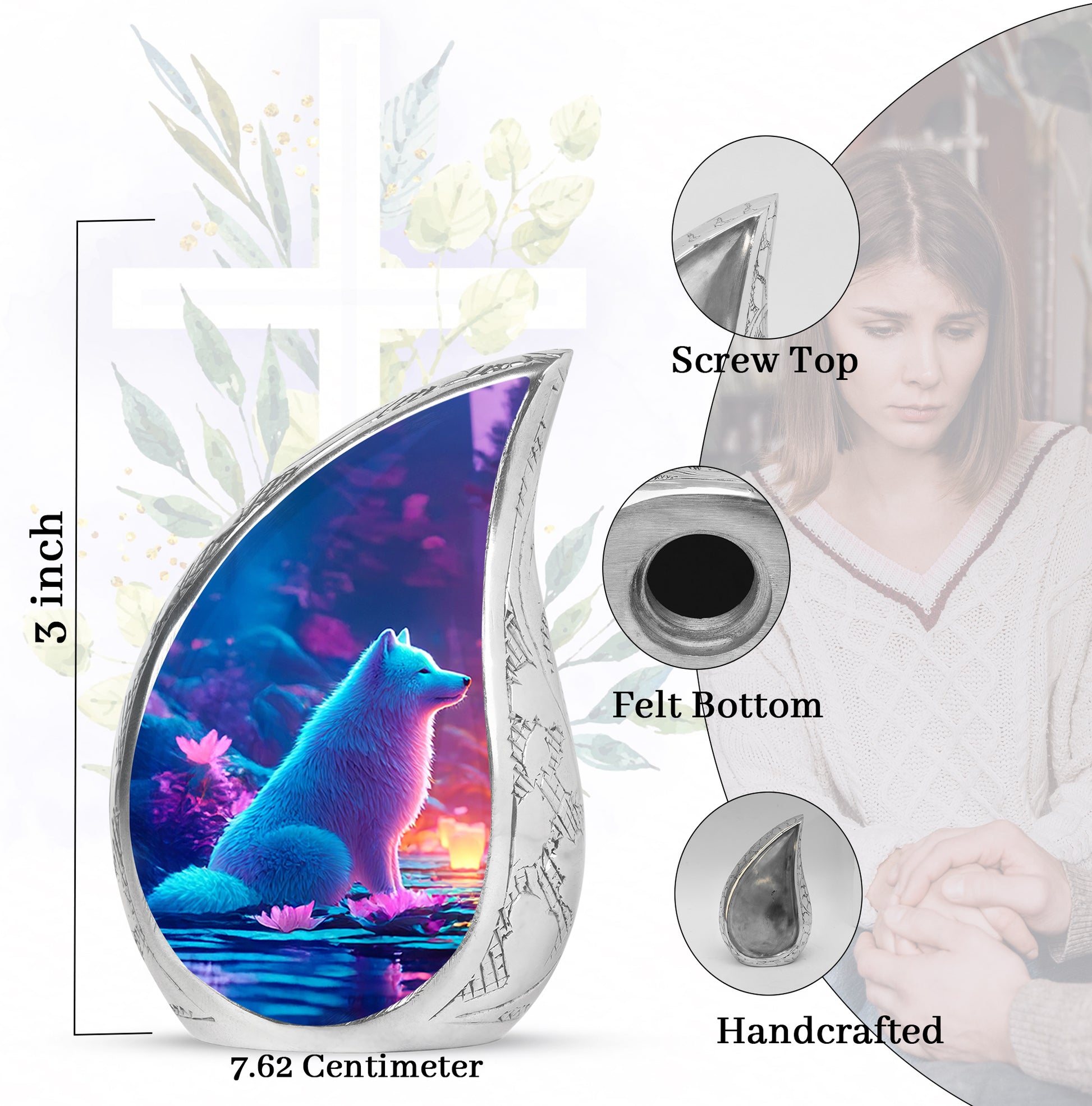 Indigo Dog Cremation Urn angled view of lid and engraved motif - flowing teardrop dog silhouette on curved aluminum - mini keepsake memorial for portion of cremation ashes