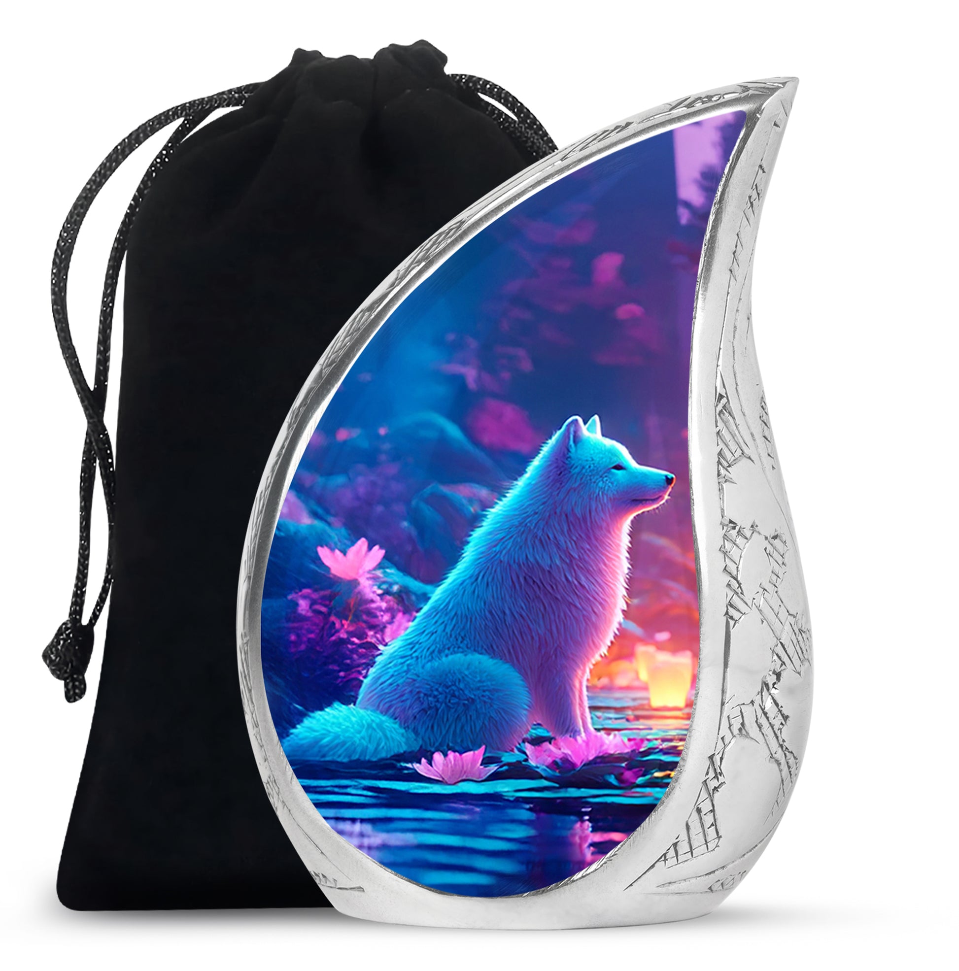 Dusty Blue Dog Cremation Urn front view showing detailed design - flowing teardrop dog silhouette on curved aluminum - full-size 10 inch 200 cubic inch adult cremation urn
