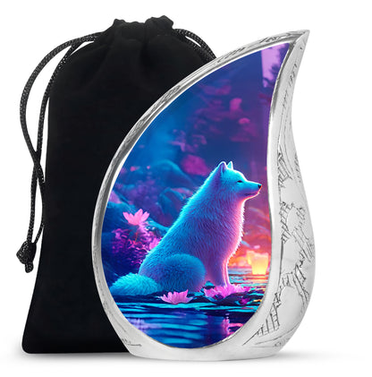 Dusty Blue Dog Cremation Urn front view showing detailed design - flowing teardrop dog silhouette on curved aluminum - full-size 10 inch 200 cubic inch adult cremation urn