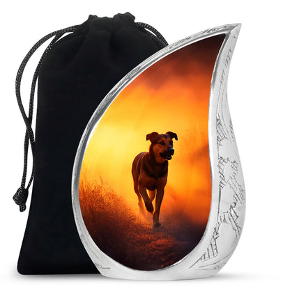 Matte Gold Dog Cremation Urn front view showing detailed design - smooth teardrop contour featuring dog art - full-size 10 inch 200 cubic inch adult cremation urn