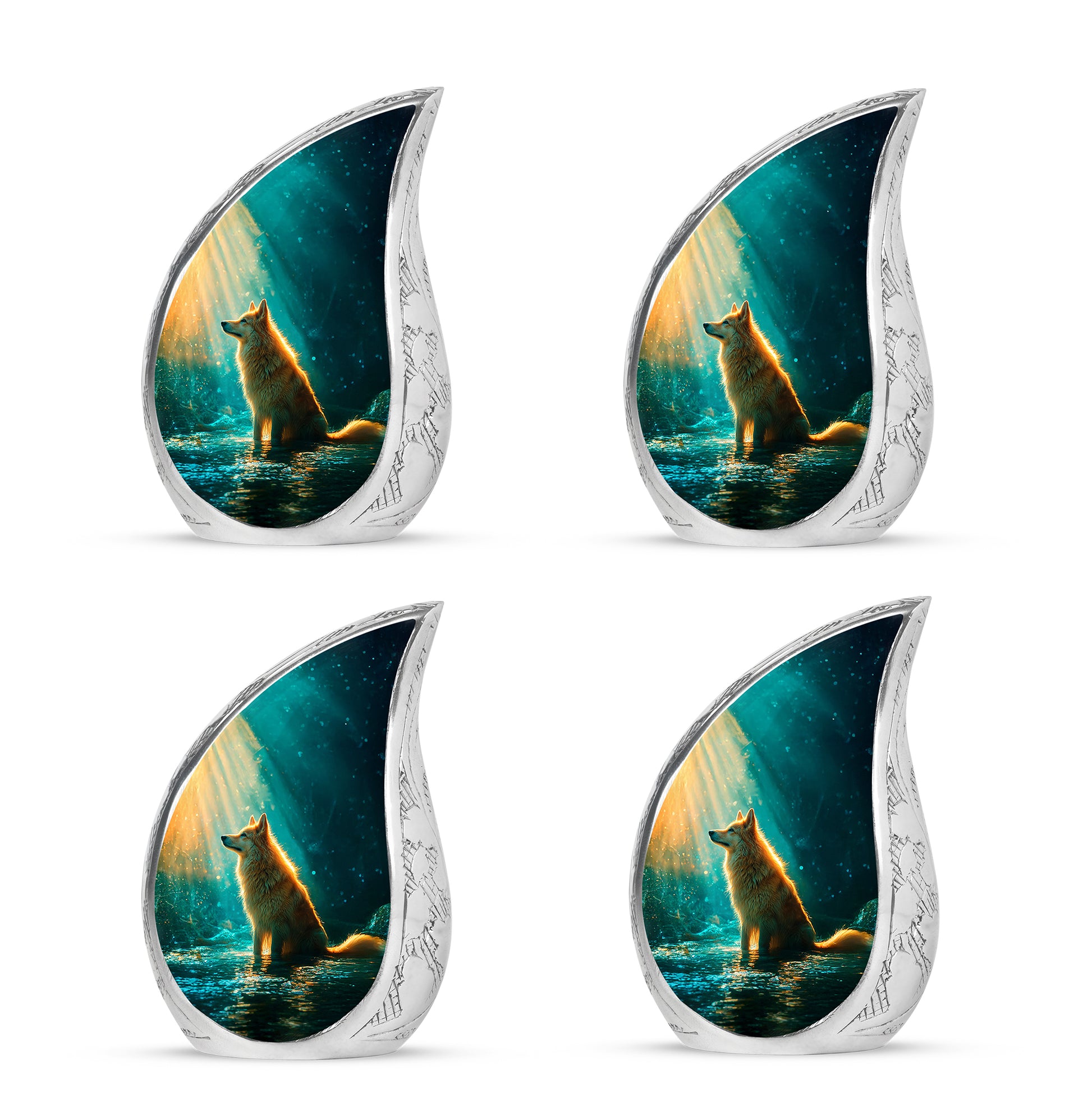 Ocean Teal Dog Cremation Urn close-up of engraving and surface detail - rounded teardrop dog design with delicate detail - 10 inch aluminum urn for cremated remains