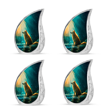 Ocean Teal Dog Cremation Urn close-up of engraving and surface detail - rounded teardrop dog design with delicate detail - 10 inch aluminum urn for cremated remains