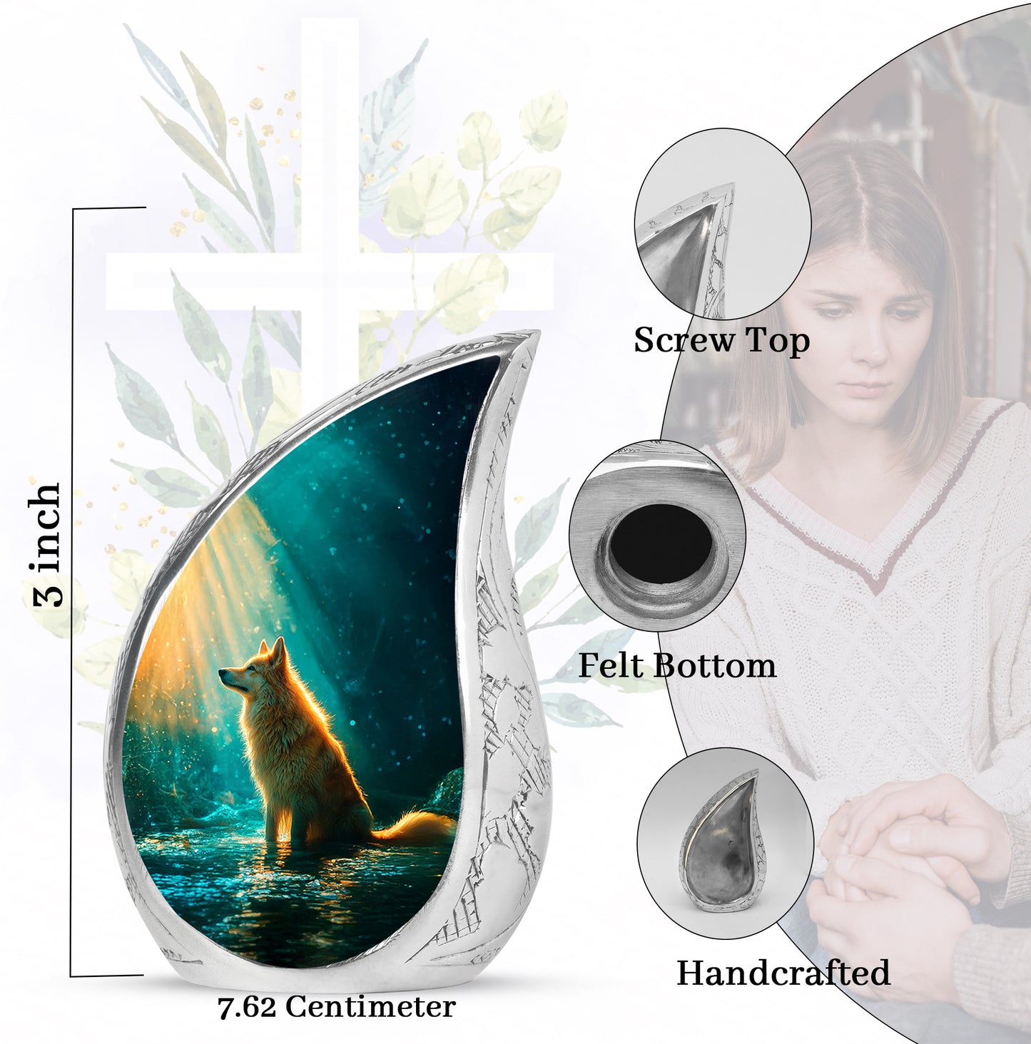 Ocean Teal Dog Cremation Urn angled view of lid and engraved motif - rounded teardrop dog design with delicate detail - mini keepsake memorial for portion of cremation ashes