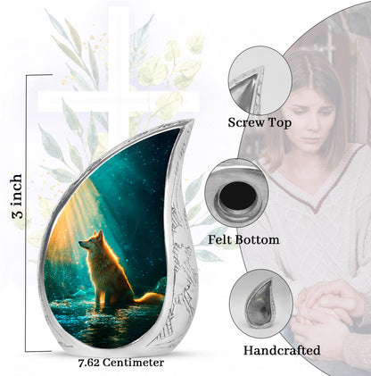 Ocean Teal Dog Cremation Urn angled view of lid and engraved motif - rounded teardrop dog design with delicate detail - mini keepsake memorial for portion of cremation ashes