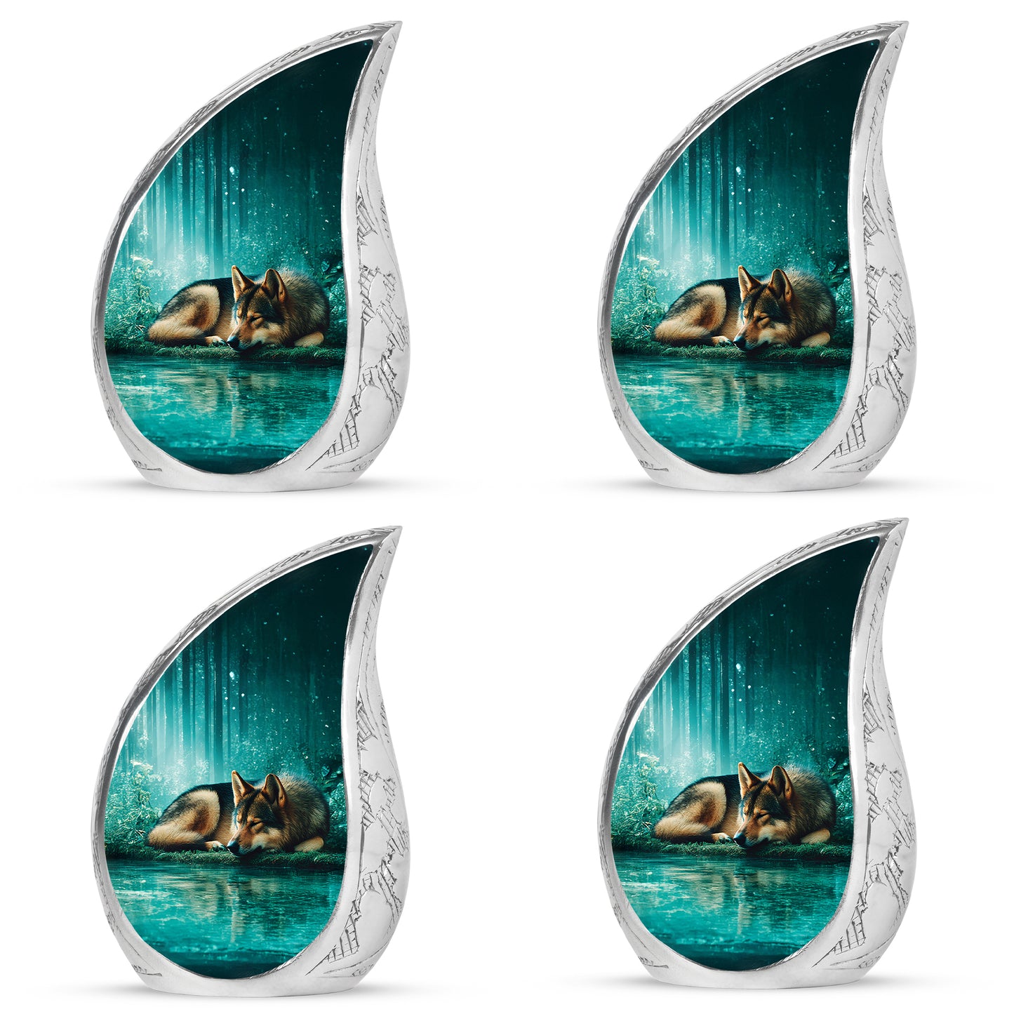 Tropical Teal Dog Cremation Urn close-up of engraving and surface detail - graceful tear-shaped urn with dog motif - 10 inch aluminum urn for cremated remains