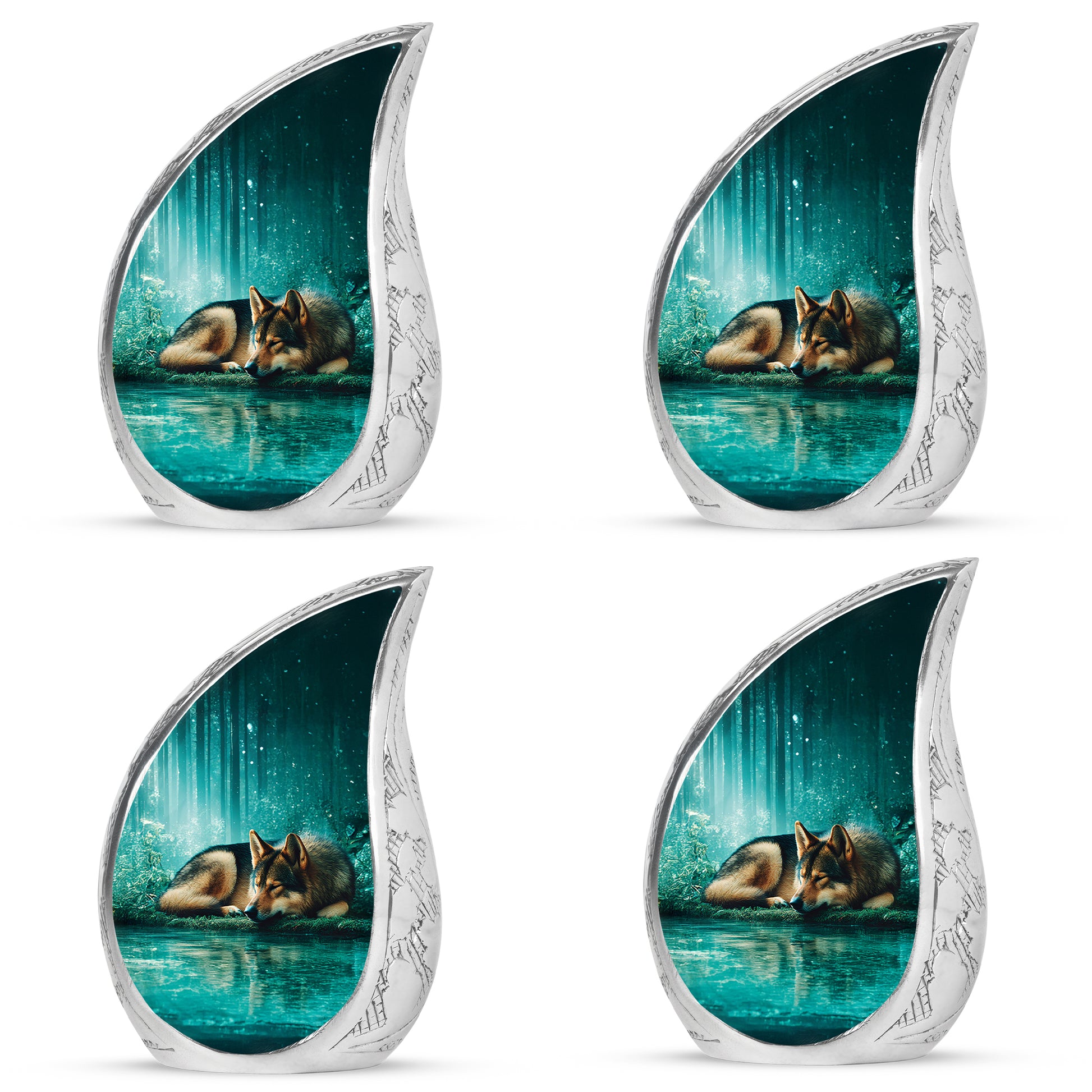 Tropical Teal Dog Cremation Urn close-up of engraving and surface detail - graceful tear-shaped urn with dog motif - 10 inch aluminum urn for cremated remains