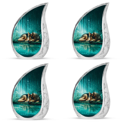Tropical Teal Dog Cremation Urn close-up of engraving and surface detail - graceful tear-shaped urn with dog motif - 10 inch aluminum urn for cremated remains