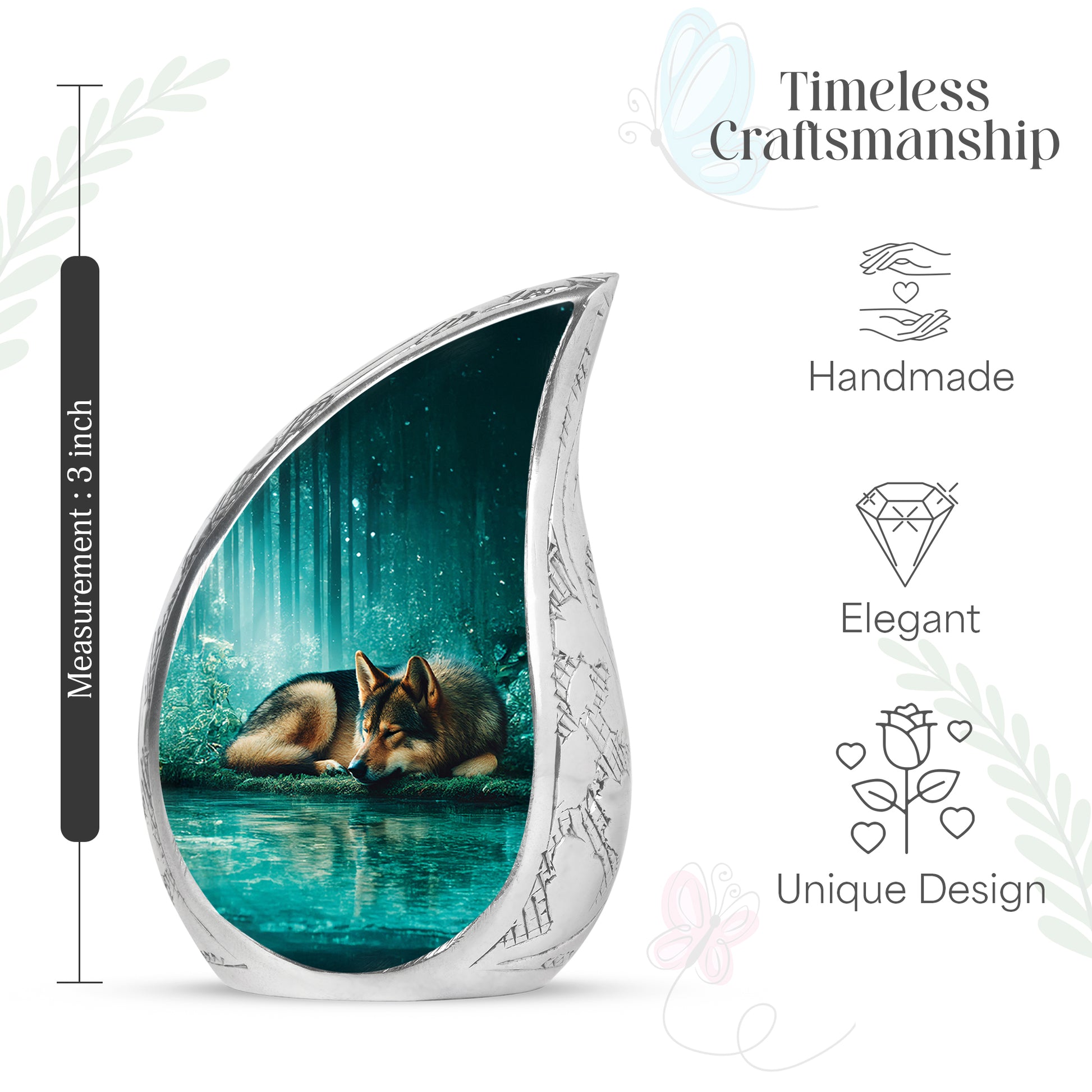 Mystic Teal Dog Cremation Urn angled view of lid and engraved motif - smooth teardrop contour featuring dog art - mini keepsake memorial for portion of cremation ashes