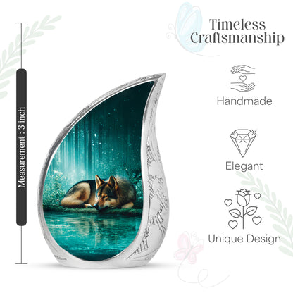 Mystic Teal Dog Cremation Urn angled view of lid and engraved motif - smooth teardrop contour featuring dog art - mini keepsake memorial for portion of cremation ashes