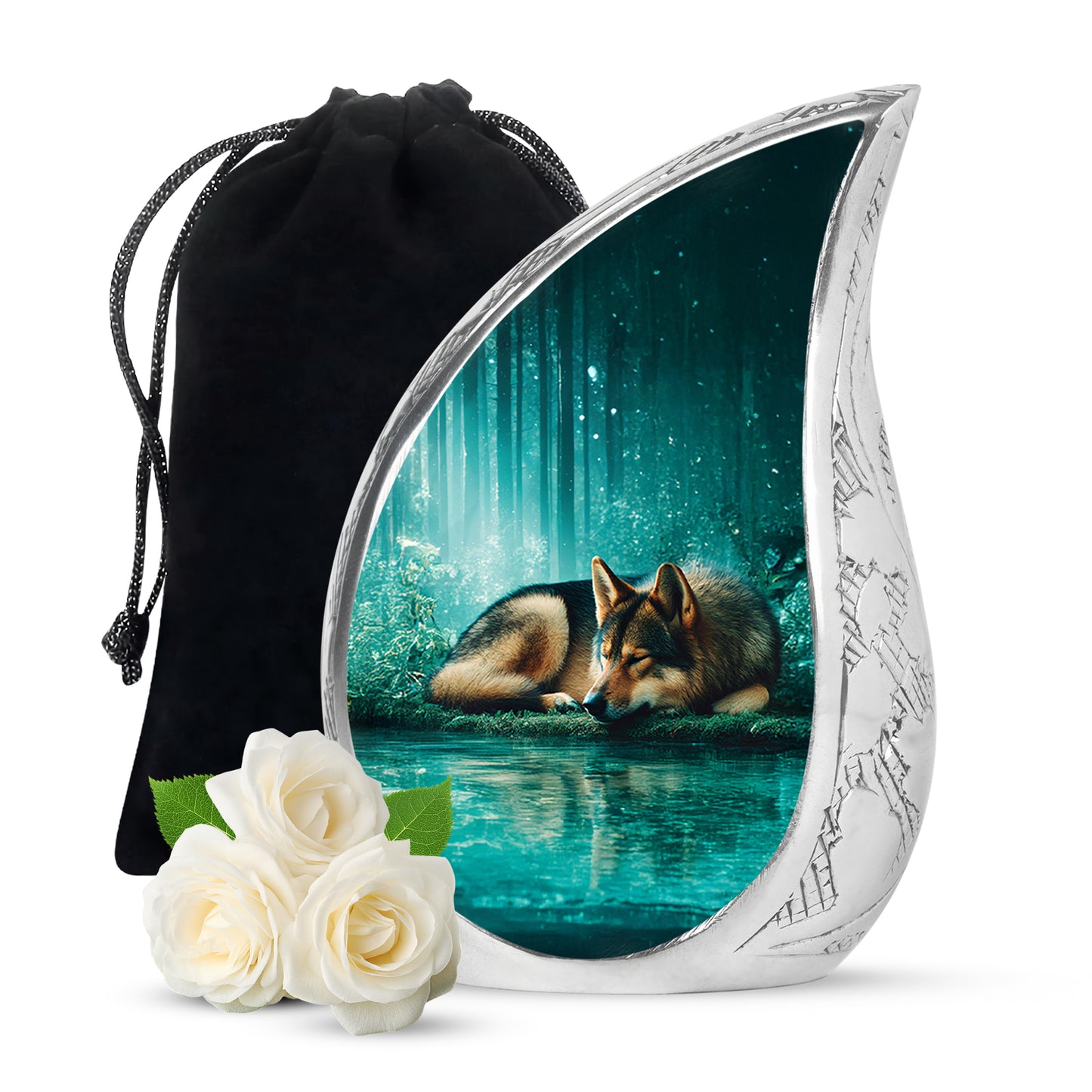 Soft Teal Dog Cremation Urn front view showing detailed design - rounded teardrop dog design with delicate detail - full-size 10 inch 200 cubic inch adult cremation urn