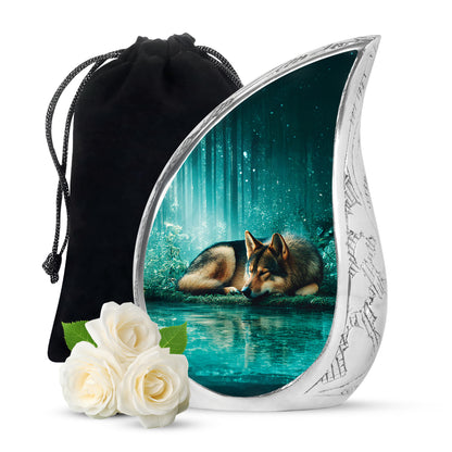Soft Teal Dog Cremation Urn front view showing detailed design - rounded teardrop dog design with delicate detail - full-size 10 inch 200 cubic inch adult cremation urn