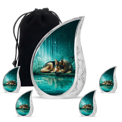 Jewel Teal Dog Cremation Urn side profile showing urn shape - rounded teardrop dog design with delicate detail - memorial set with one large and four small urns