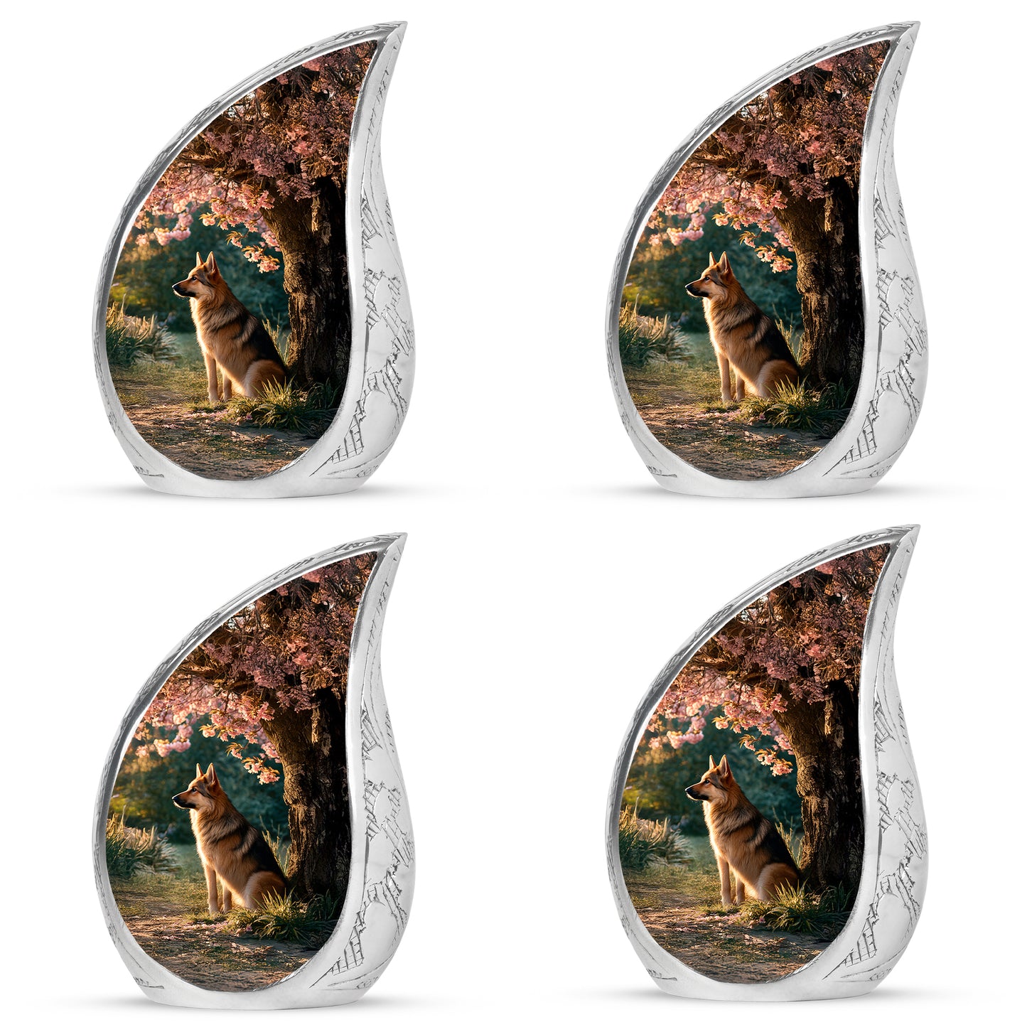 Champagne Gold Dog Cremation Urn close-up of engraving and surface detail - flowing teardrop dog silhouette on curved aluminum - 10 inch aluminum urn for cremated remains
