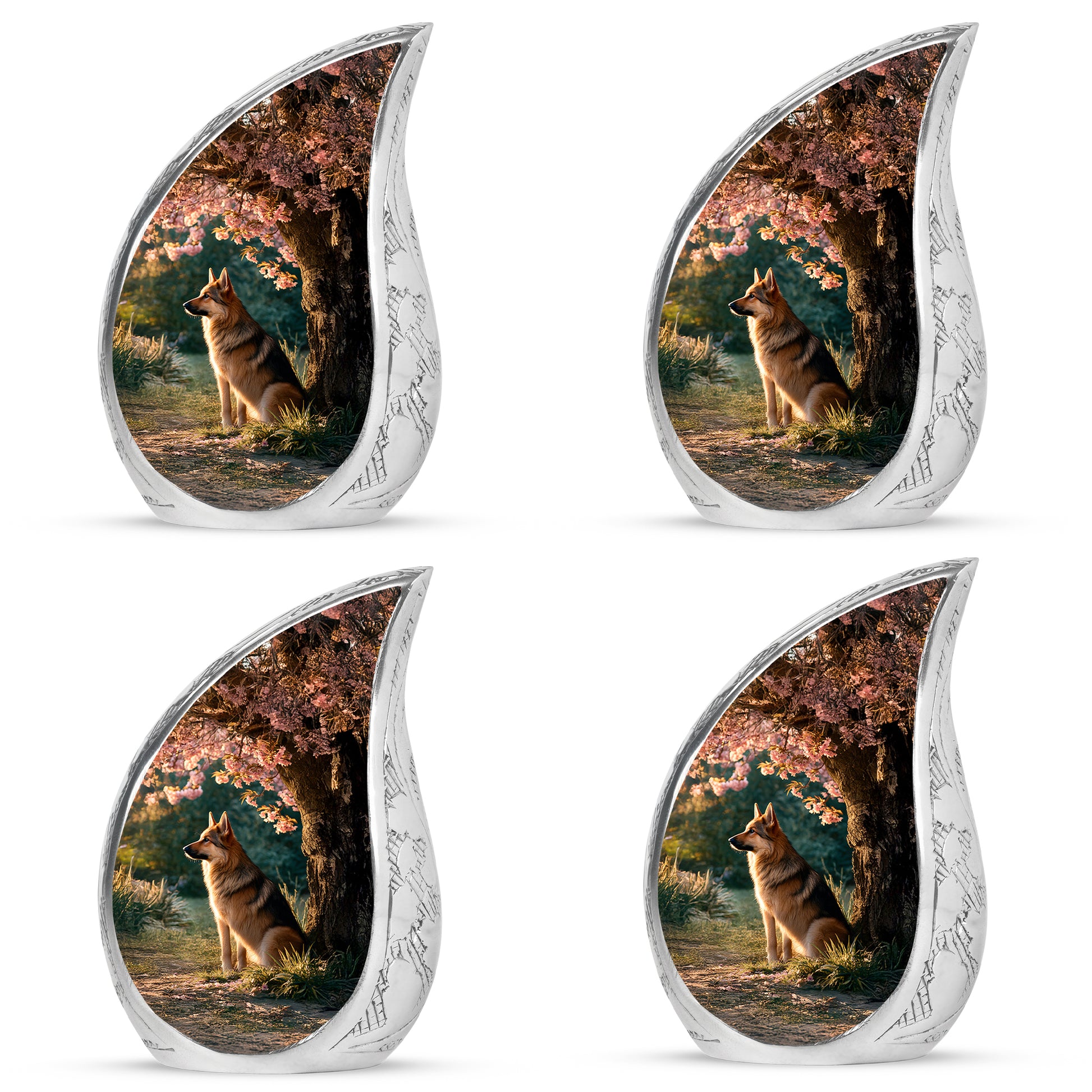 Champagne Gold Dog Cremation Urn close-up of engraving and surface detail - flowing teardrop dog silhouette on curved aluminum - 10 inch aluminum urn for cremated remains