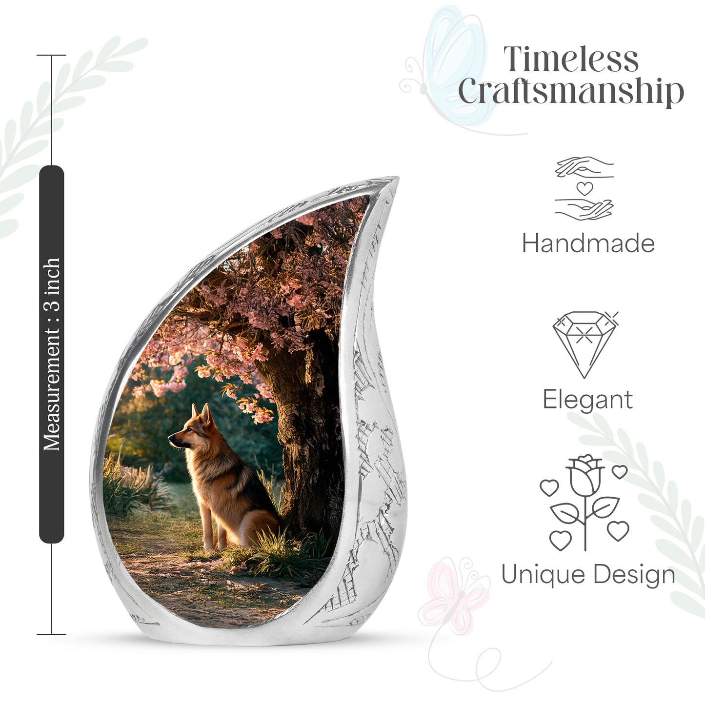 Burnished Gold Dog Cremation Urn angled view of lid and engraved motif - graceful tear-shaped urn with dog motif - mini keepsake memorial for portion of cremation ashes
