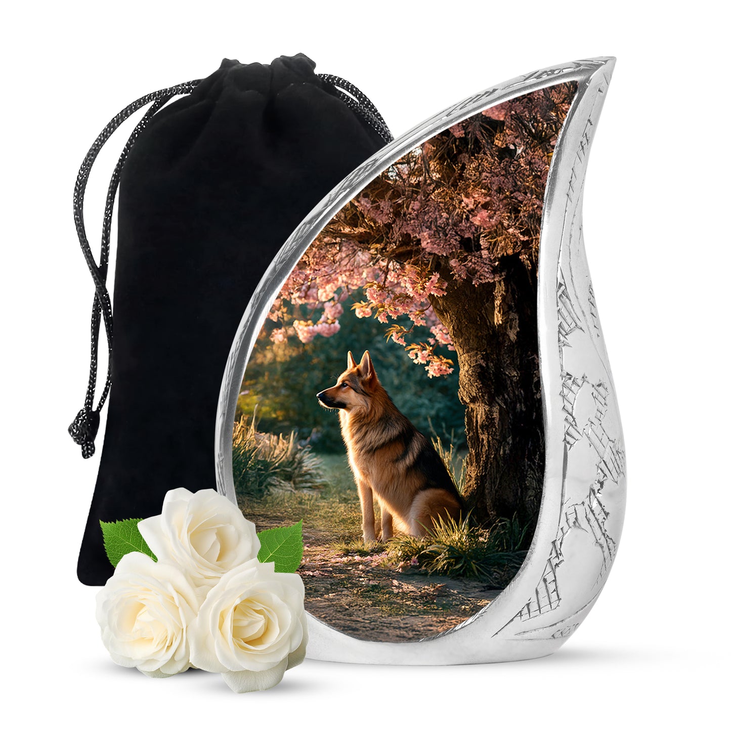 Burnished Gold Dog Cremation Urn front view showing detailed design - graceful tear-shaped urn with dog motif - full-size 10 inch 200 cubic inch adult cremation urn