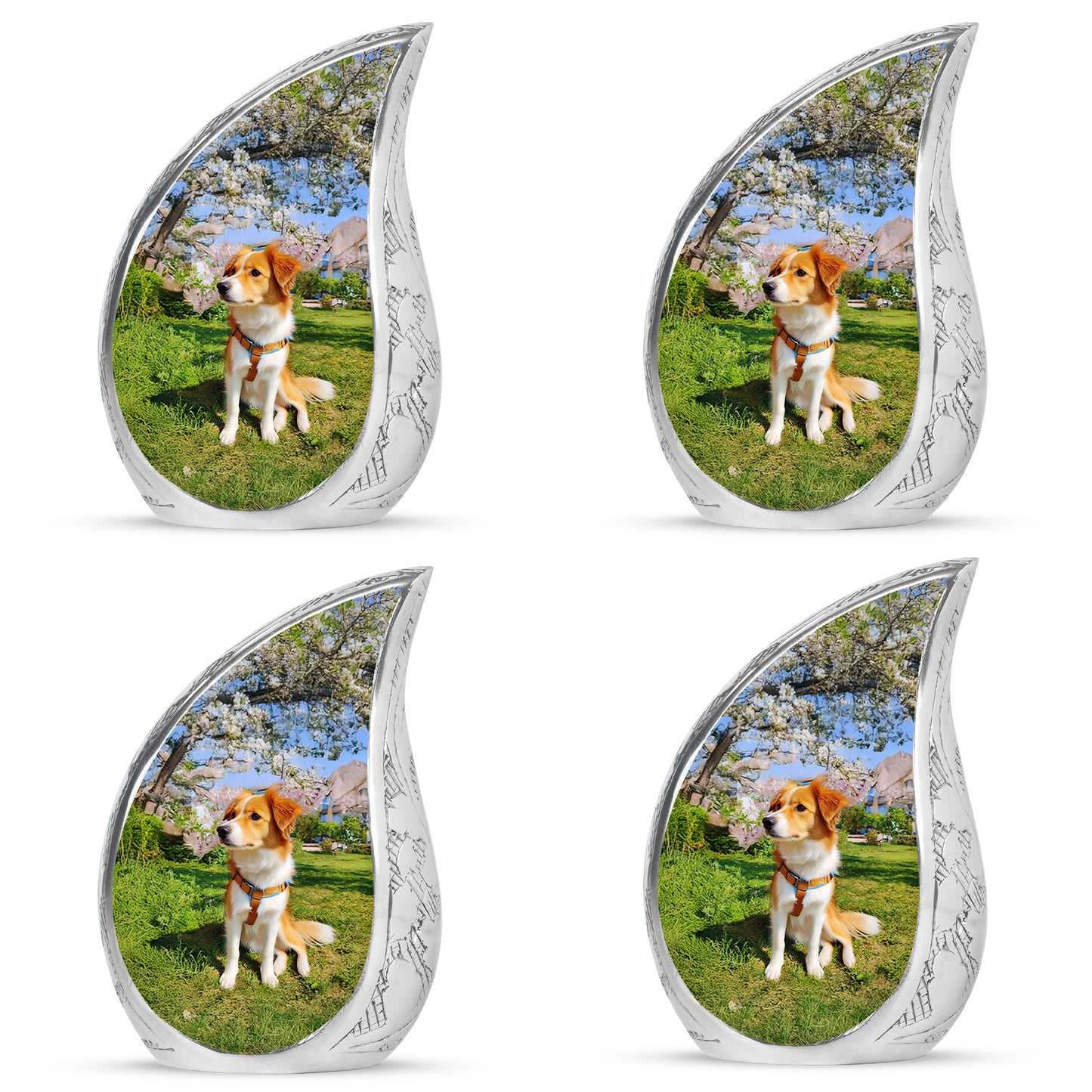 Azure Dog Cremation Urn close-up of engraving and surface detail - rounded teardrop dog design with delicate detail - 10 inch aluminum urn for cremated remains
