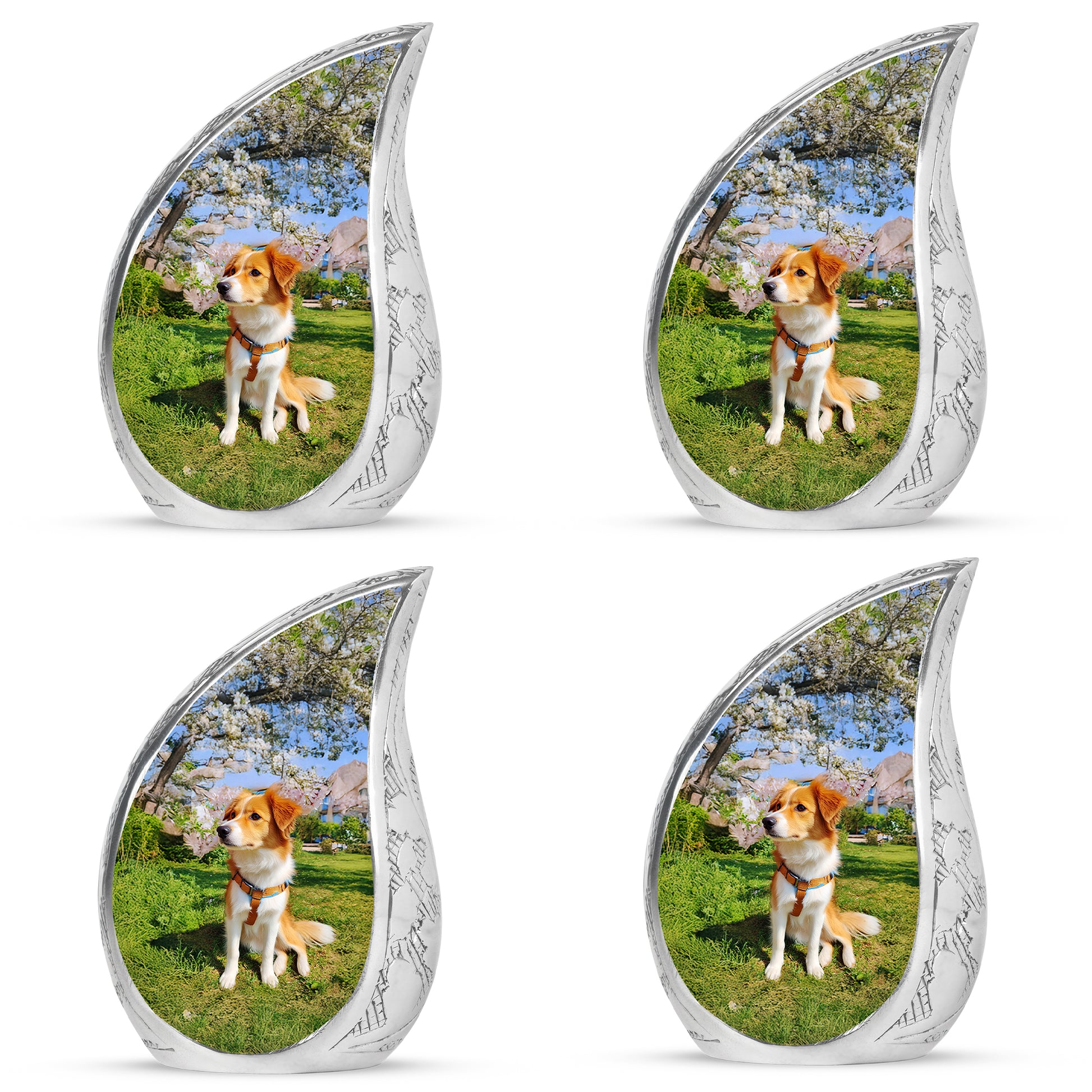 Azure Dog Cremation Urn close-up of engraving and surface detail - rounded teardrop dog design with delicate detail - 10 inch aluminum urn for cremated remains