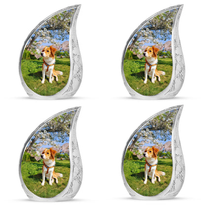 Azure Dog Cremation Urn close-up of engraving and surface detail - rounded teardrop dog design with delicate detail - 10 inch aluminum urn for cremated remains
