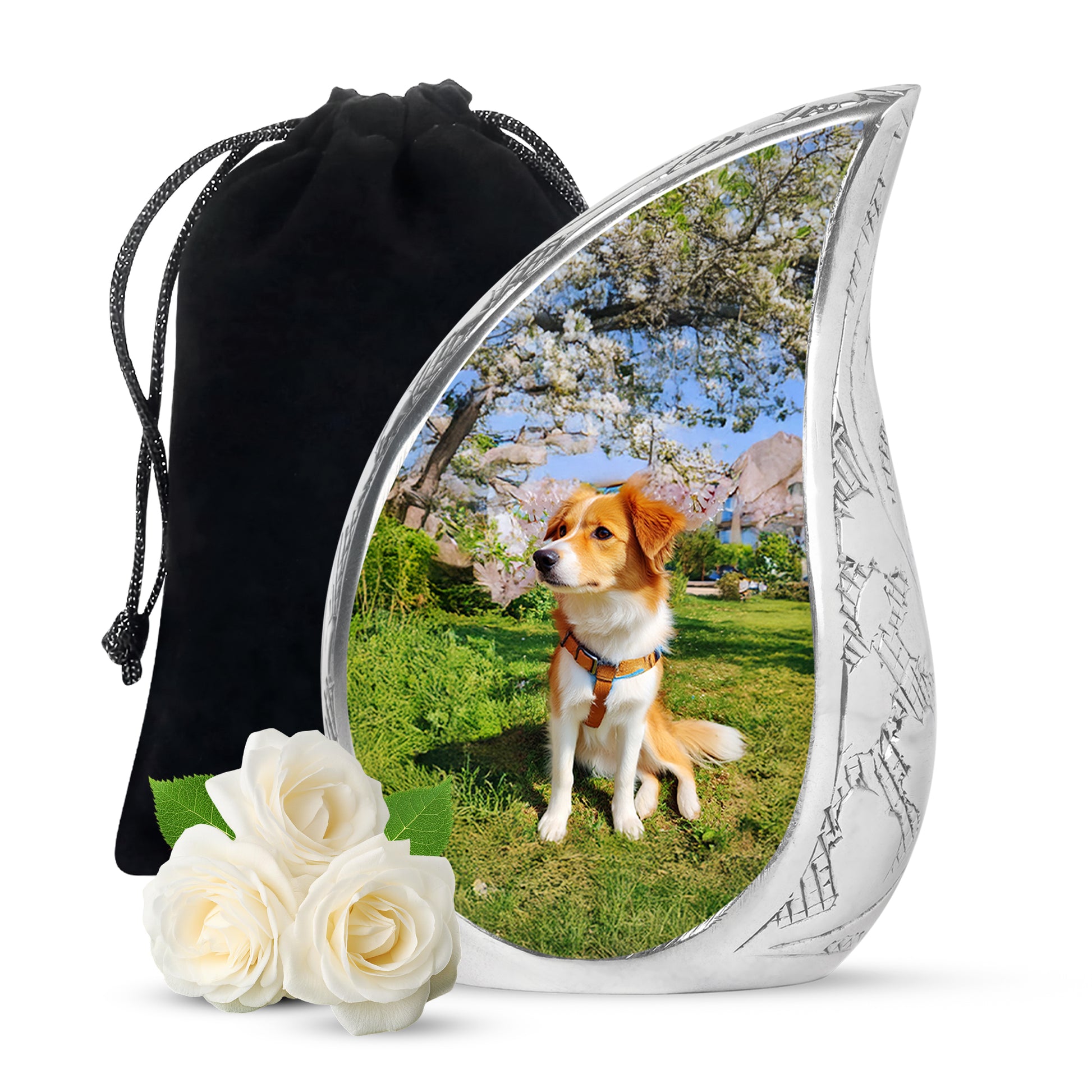 Celestial Blue Dog Cremation Urn front view showing detailed design - rounded teardrop dog design with delicate detail - full-size 10 inch 200 cubic inch adult cremation urn