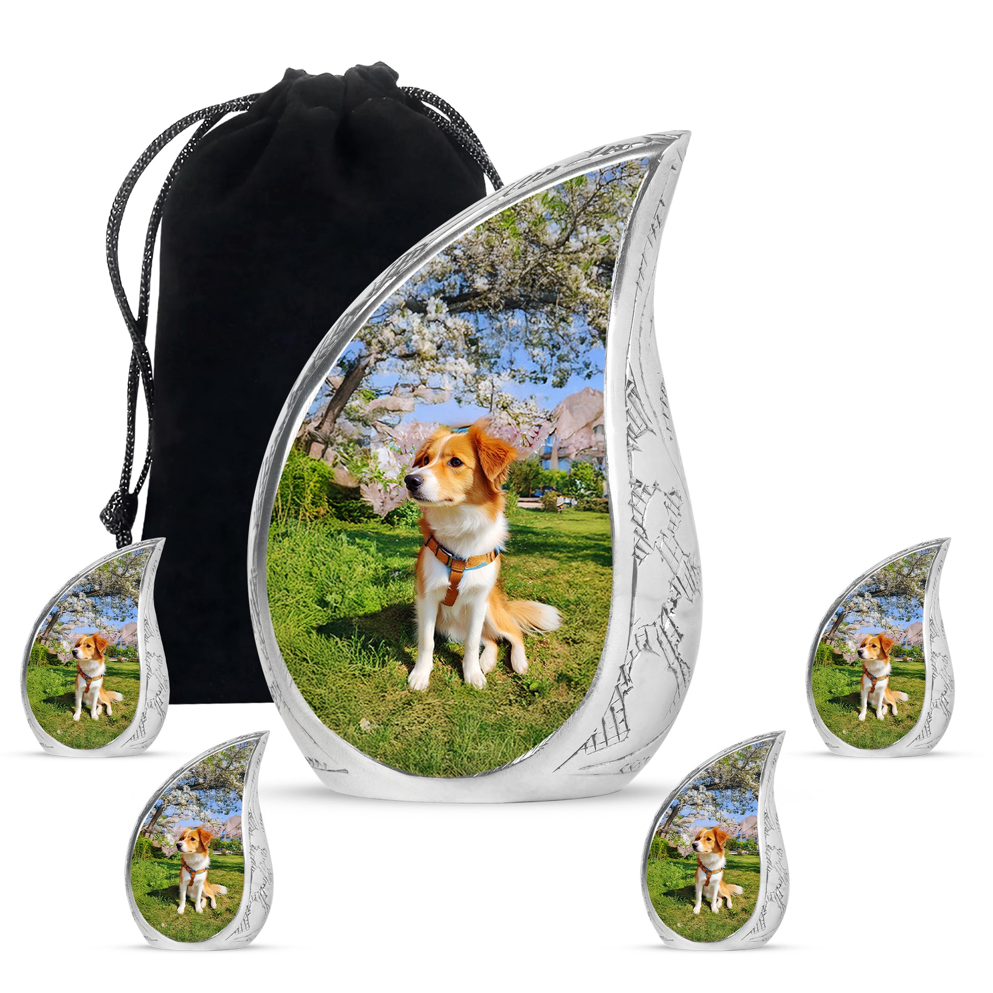 Misty Blue Dog Cremation Urn side profile showing urn shape - flowing teardrop dog silhouette on curved aluminum - memorial set with one large and four small urns