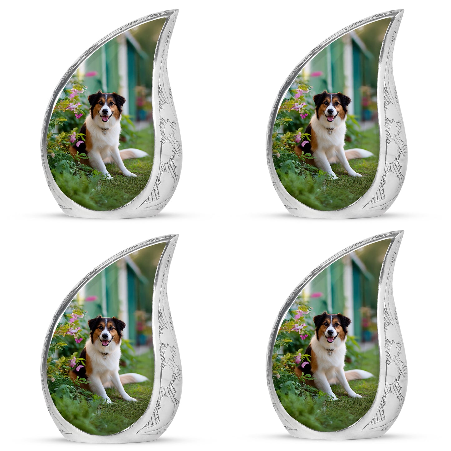 Mint Green Dog Cremation Urn close-up of engraving and surface detail - smooth teardrop contour featuring dog art - 10 inch aluminum urn for cremated remains