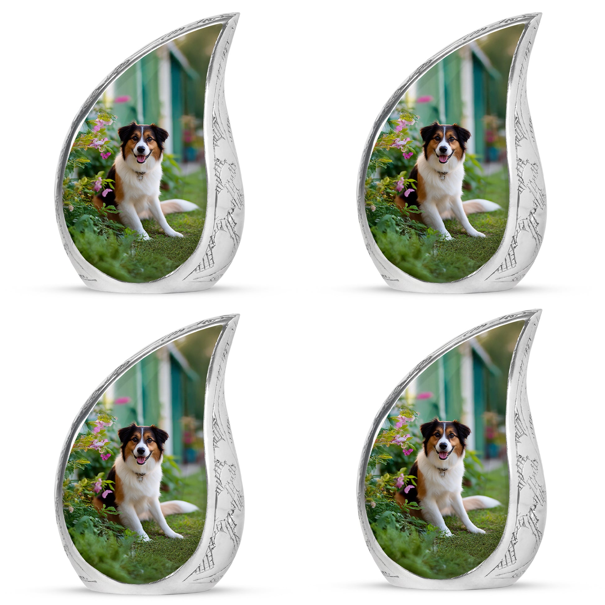 Mint Green Dog Cremation Urn close-up of engraving and surface detail - smooth teardrop contour featuring dog art - 10 inch aluminum urn for cremated remains