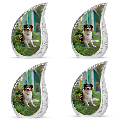 Mint Green Dog Cremation Urn close-up of engraving and surface detail - smooth teardrop contour featuring dog art - 10 inch aluminum urn for cremated remains