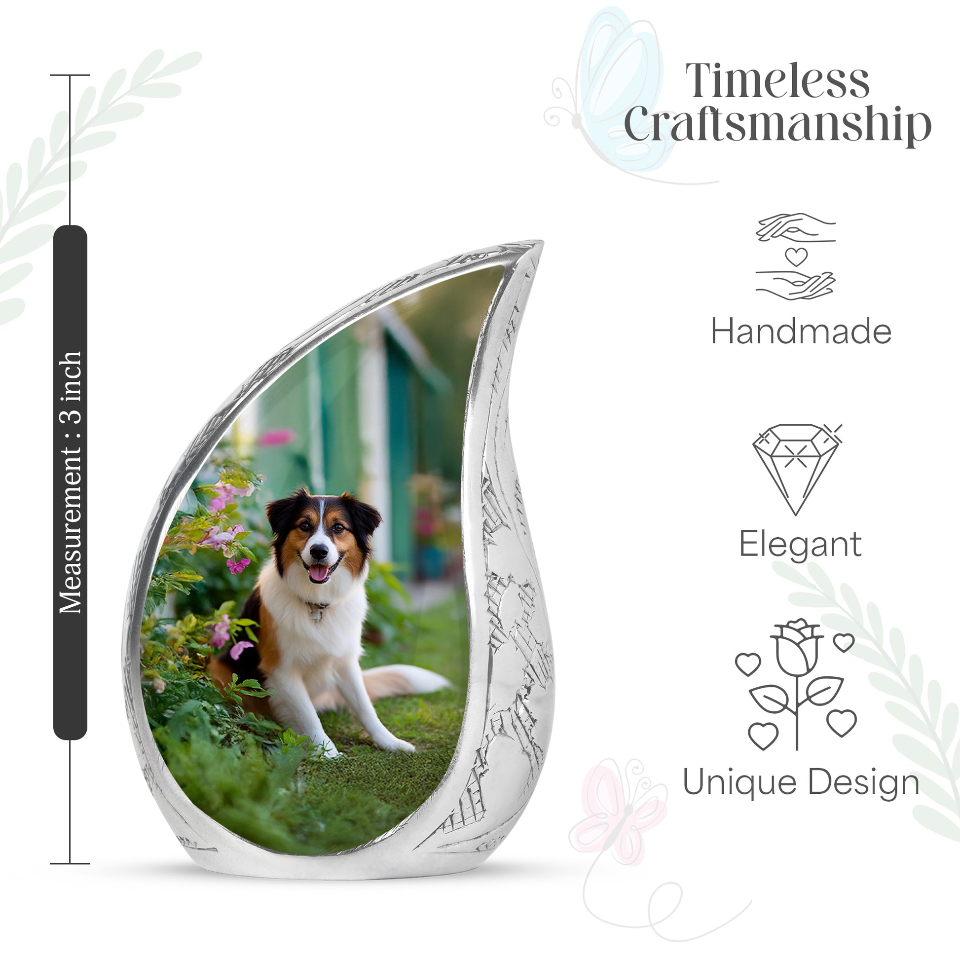 Mint Green Dog Cremation Urn angled view of lid and engraved motif - graceful tear-shaped urn with dog motif - mini keepsake memorial for portion of cremation ashes