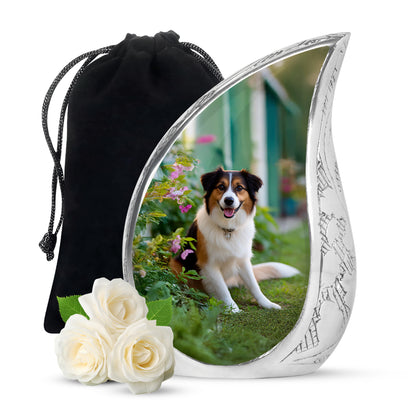 Hunter Green Dog Cremation Urn front view showing detailed design - graceful tear-shaped urn with dog motif - full-size 10 inch 200 cubic inch adult cremation urn
