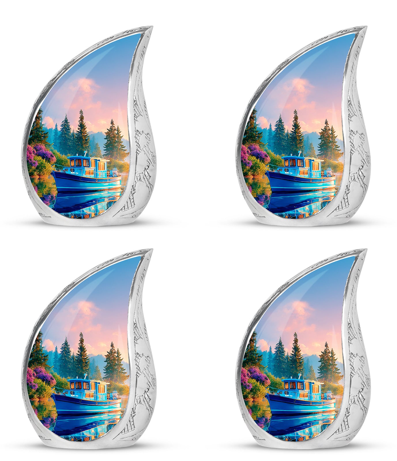 Cobalt Blue Boat Cremation Urn close-up of engraving and surface detail - graceful tear-shaped urn with boat motif - 10 inch aluminum urn for cremated remains