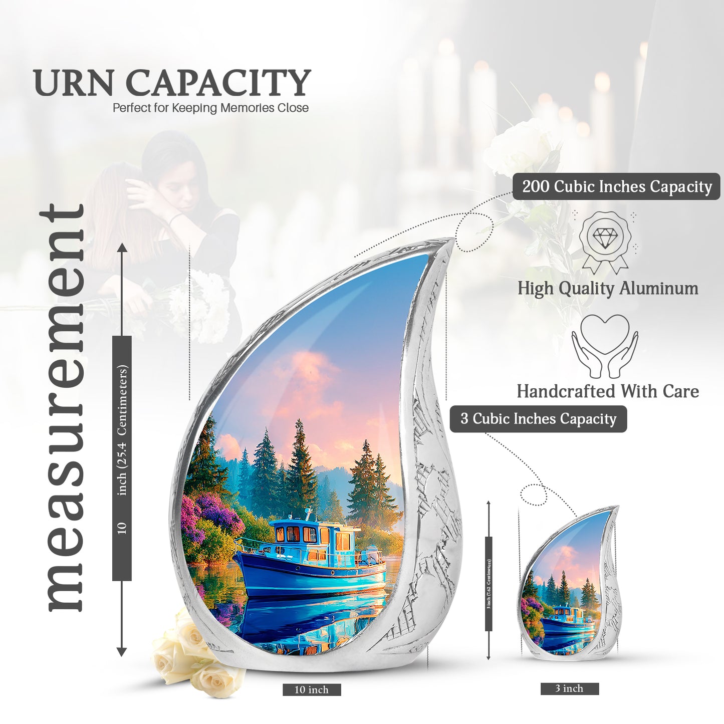 Calming Blue Boat Cremation Urn angled view of lid and engraved motif - smooth teardrop contour featuring boat art - mini keepsake memorial for portion of cremation ashes