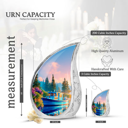 Calming Blue Boat Cremation Urn angled view of lid and engraved motif - smooth teardrop contour featuring boat art - mini keepsake memorial for portion of cremation ashes