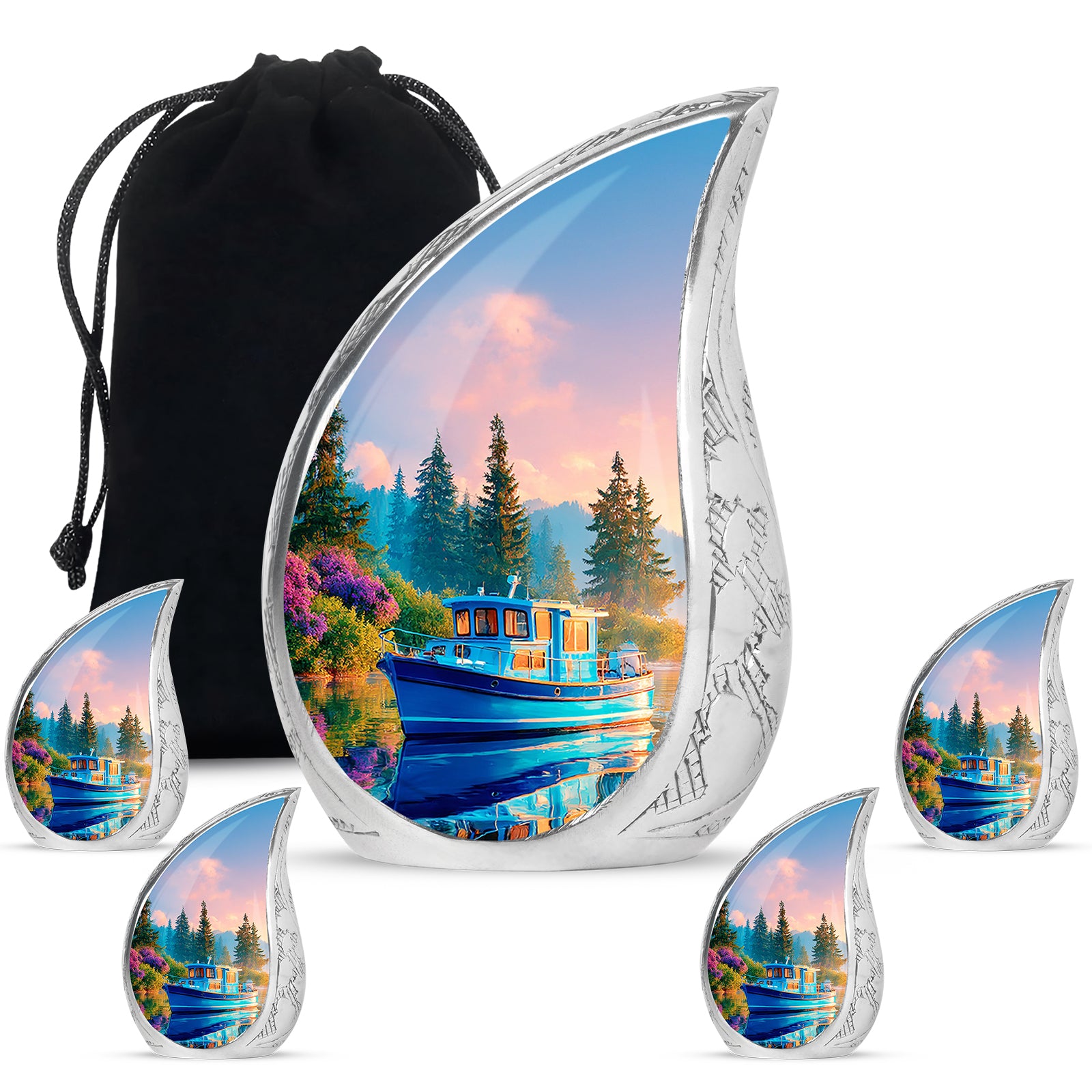 Bright Blue Boat Cremation Urn side profile showing urn shape - smooth teardrop contour featuring boat art - memorial set with one large and four small urns