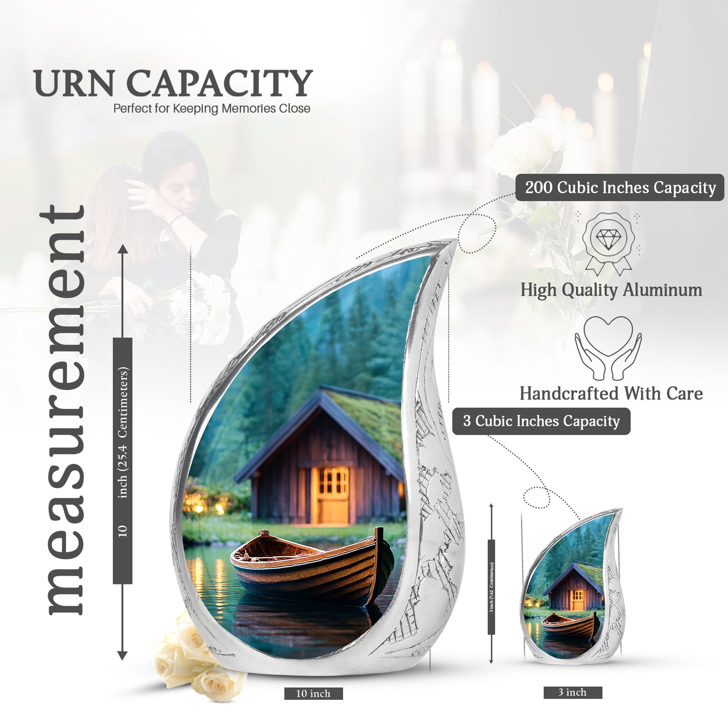 Hunter Green Boat Cremation Urn angled view of lid and engraved motif - smooth teardrop contour featuring boat art - mini keepsake memorial for portion of cremation ashes