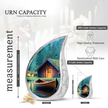 Hunter Green Boat Cremation Urn angled view of lid and engraved motif - smooth teardrop contour featuring boat art - mini keepsake memorial for portion of cremation ashes