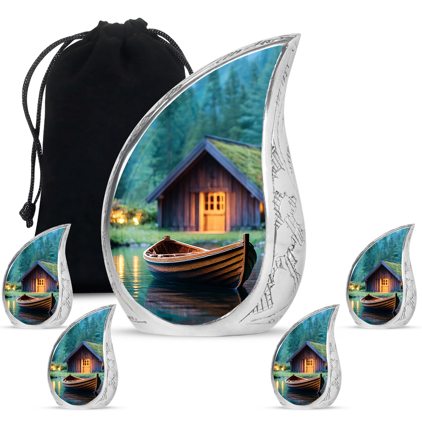 Mint Green Boat Cremation Urn side profile showing urn shape - graceful tear-shaped urn with boat motif - memorial set with one large and four small urns