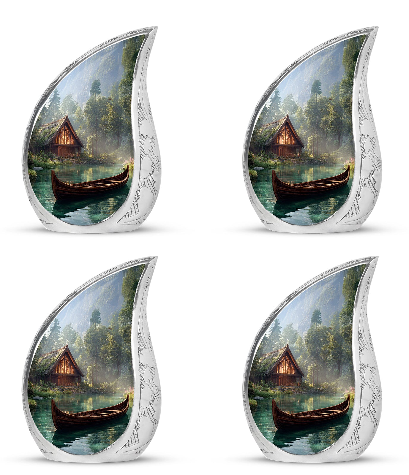 Ebony Boat Cremation Urn close-up of engraving and surface detail - flowing teardrop boat silhouette on curved aluminum - 10 inch aluminum urn for cremated remains
