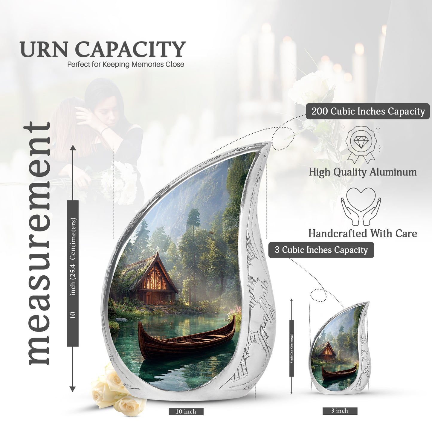 Onyx Black Boat Cremation Urn angled view of lid and engraved motif - smooth teardrop contour featuring boat art - mini keepsake memorial for portion of cremation ashes