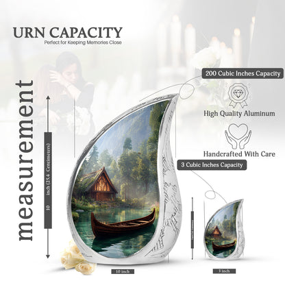 Onyx Black Boat Cremation Urn angled view of lid and engraved motif - smooth teardrop contour featuring boat art - mini keepsake memorial for portion of cremation ashes