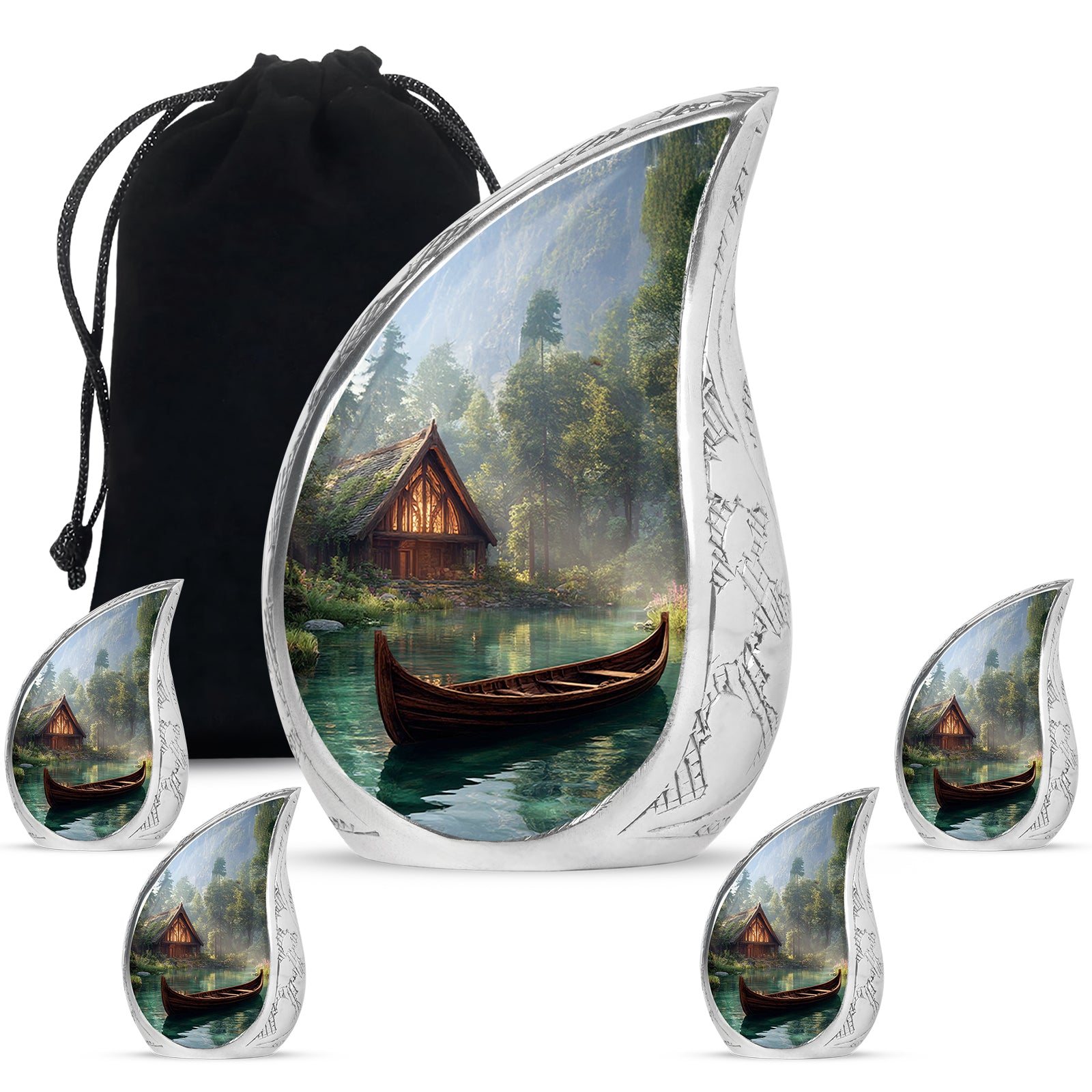 Ebony Boat Cremation Urn side profile showing urn shape - rounded teardrop boat design with delicate detail - memorial set with one large and four small urns