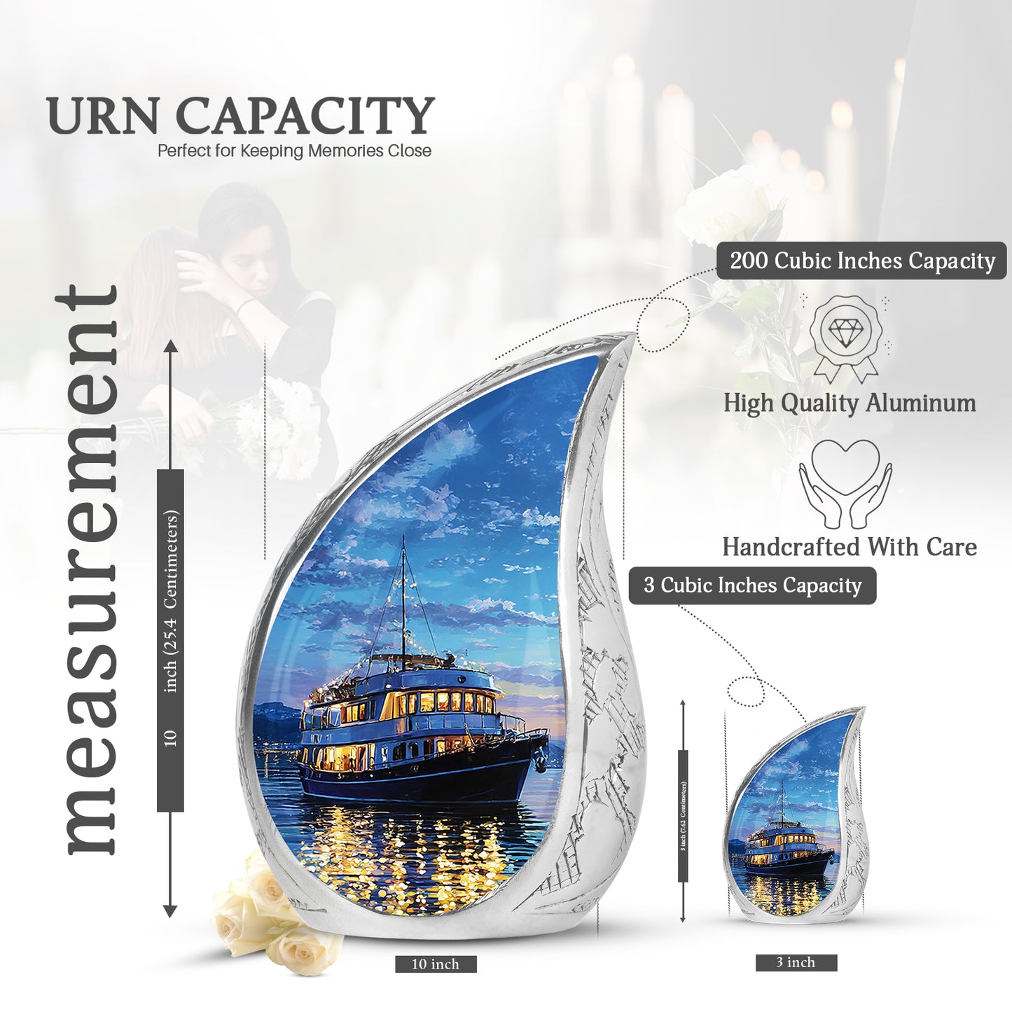 Calming Blue Boat Cremation Urn angled view of lid and engraved motif - smooth teardrop contour featuring boat art - mini keepsake memorial for portion of cremation ashes