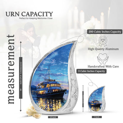 Calming Blue Boat Cremation Urn angled view of lid and engraved motif - smooth teardrop contour featuring boat art - mini keepsake memorial for portion of cremation ashes