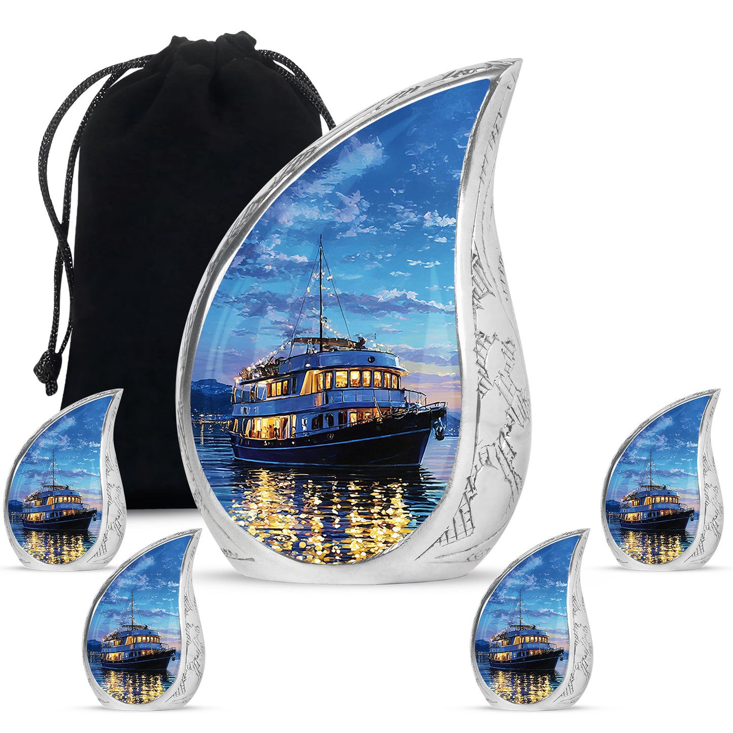 Navy Blue Boat Cremation Urn side profile showing urn shape - flowing teardrop boat silhouette on curved aluminum - memorial set with one large and four small urns